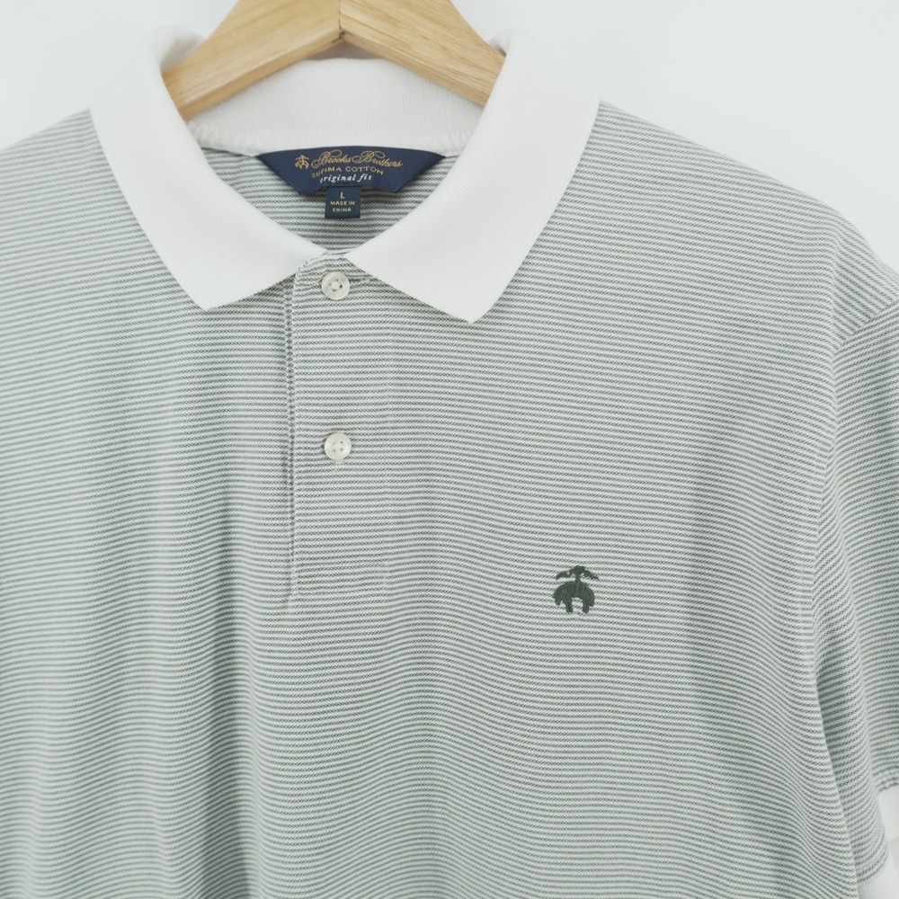 Brooks Brothers Polo Shirt Mens L Green White Striped Supima Cotton Original Fit